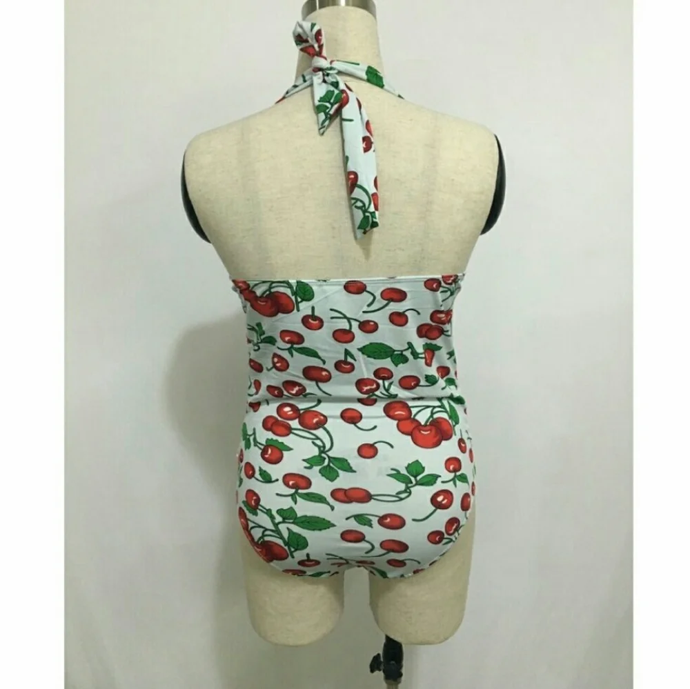 Retro Cherry Print 1-PC Bathing Suit Rockabilly 50s Pin Up Girl - Picture 5 of 13